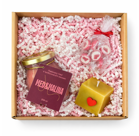 💕 Valentýnský balíček - Med s malinou, bonbony a ručně odlévaná svíčka z pravého včelího vosku