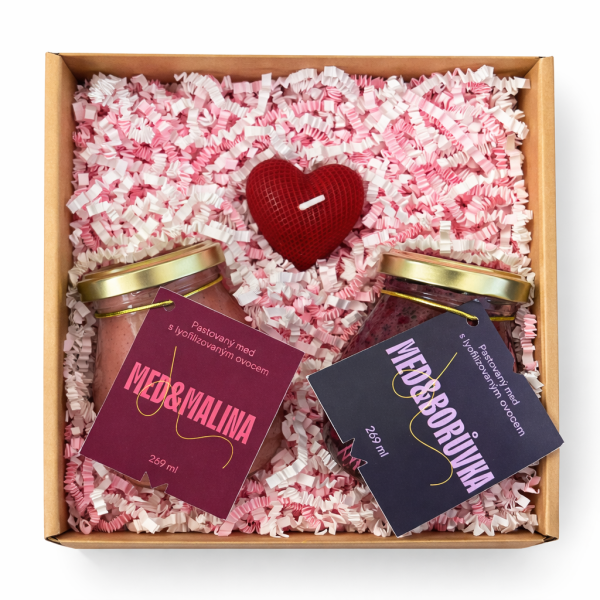 💕 Valentýnský balíček - Med & malina, Med & Borůvka a svíčka ve tvaru srdce