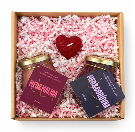 💕 Valentýnský balíček - Med s malinou, med s borůvkou a svíčka ve tvaru srdce