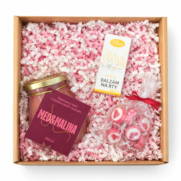 💕 Dárkový balíček pro ni – med s malinou, balzám na rty a medové bonbony