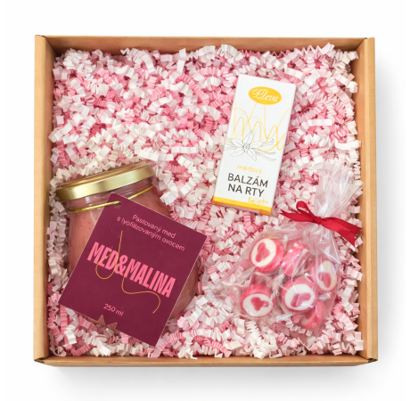 💕 Valentýnský balíček - Med & malina, medový balzám na rty a bonbony