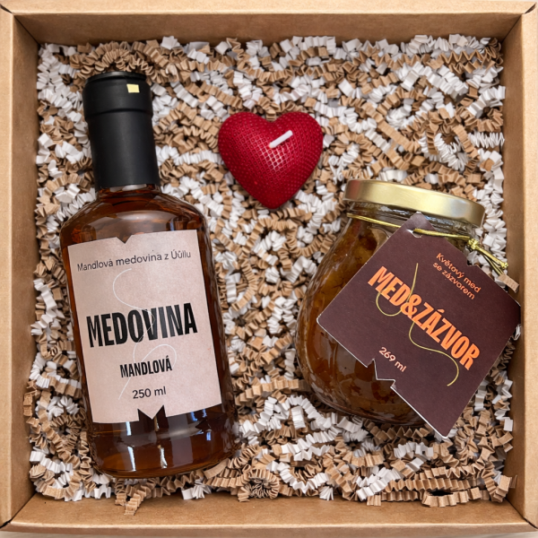 💙 Valentýnský balíček - Med & zázvor, medovina a svíčka ve tvaru srdce