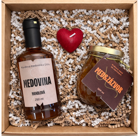 💙 Valentýnský balíček - Med & zázvor, medovina a svíčka ve tvaru srdce