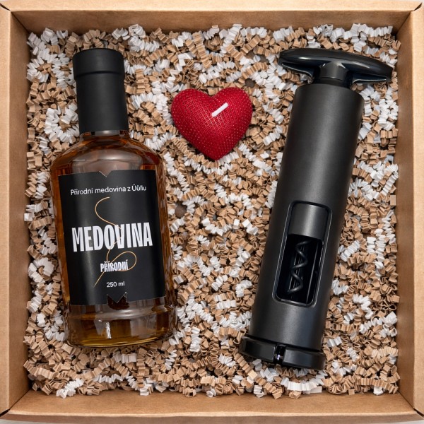 💙 Dárkový balíček - Přírodní medovina, vývrtka a svíčka ve tvaru srdce