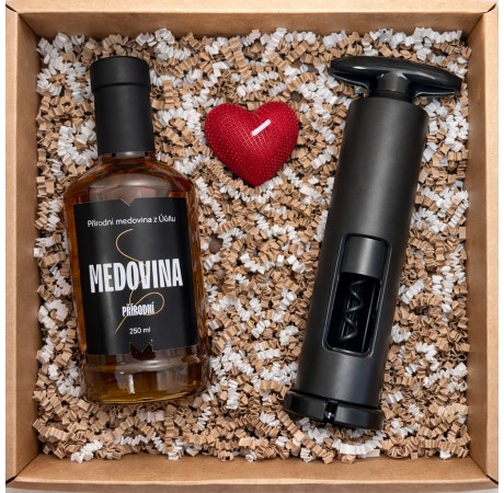 💙 Dárkový balíček - Přírodní medovina, vývrtka a svíčka ve tvaru srdce