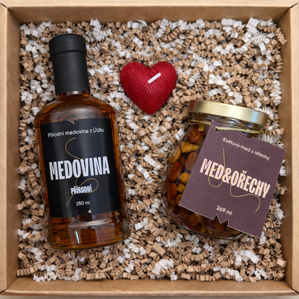 💙 Valentýnský balíček - Přírodní medovina, med s ořechy a svíčka ve tvaru srdce