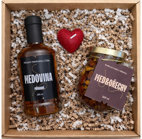 💙 Valentýnský balíček - Přírodní medovina, med s ořechy a svíčka ve tvaru srdce