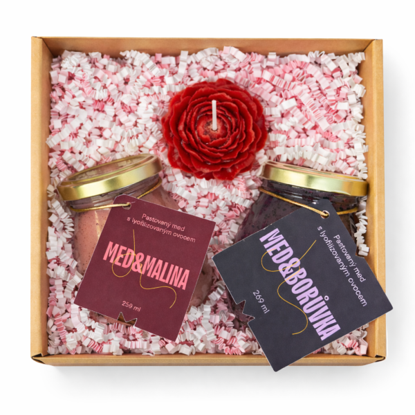 💕 Valentýnský balíček - Med s malinou, med s borůvkou a červená vonná svíčka ve tvaru pivoňky
