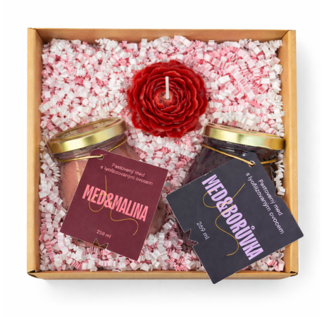 💕 Valentýnský balíček - Med s malinou, med s borůvkou a červená vonná svíčka ve tvaru pivoňky