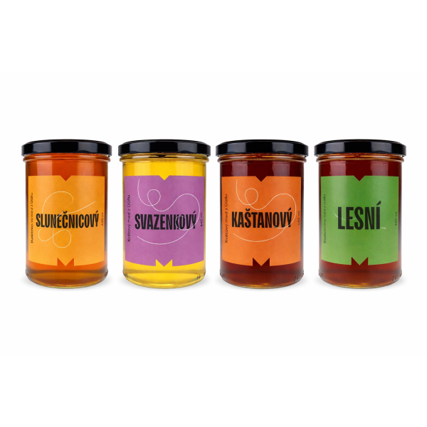 Od květu po les | výhodné balení – 4x Med 0,6 kg svazenkový, slunečnicový, kaštanový, lesní (medovicový)