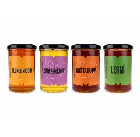 Od květu po les | výhodné balení – 4x Med 0,6 kg svazenkový, slunečnicový, kaštanový, lesní (medovicový)