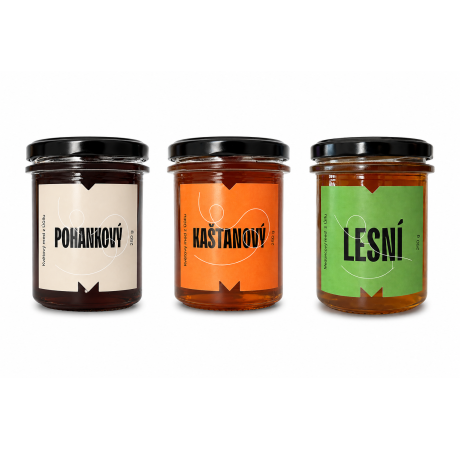 Tmavé medy| degustační sada 3x Med 250 g pohankový, kaštanový, lesní (medovicový)