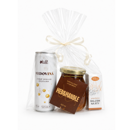 Dárkový balíček - květový med s mandlemi 300 g, jemně perlivá medovINÁ 250 ml, propolisový balzám na rty