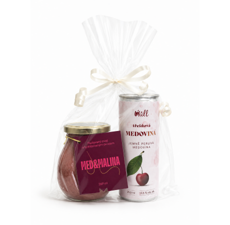 Dárkový balíček - květový med s malinami 300 g, třešňová jemně perlivá medovINÁ 250 ml