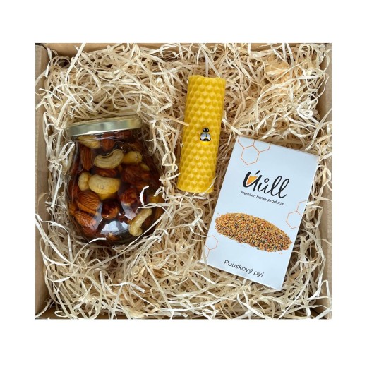 Dárkový balíček - med s ořechy, svíčka, pyl