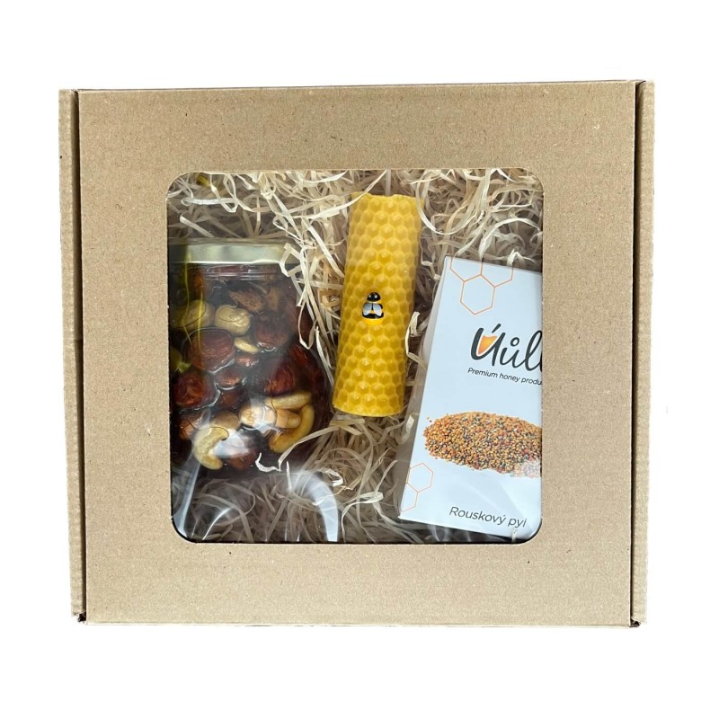 Dárkový balíček - med s ořechy, svíčka, pyl Dárkový balíček - med s ořechy, svíčka, pyl