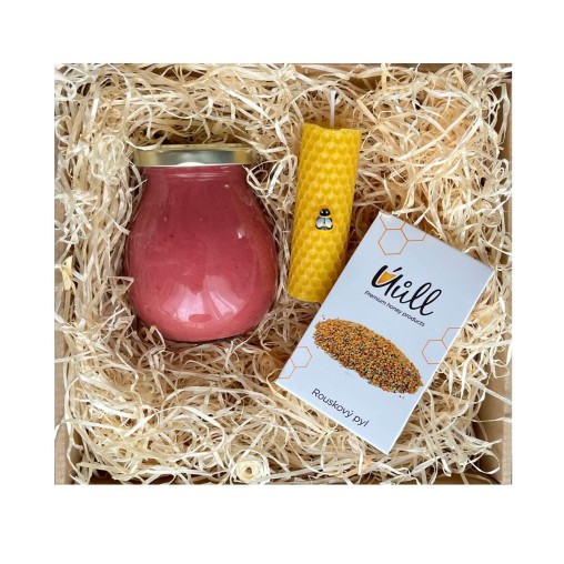 Dárkový balíček - malina v medu, svíčka, pyl Dárkový balíček - malina v medu, svíčka, pyl