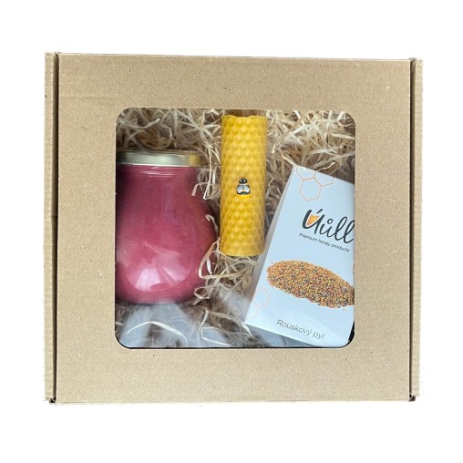 Dárkový balíček - malina v medu, svíčka, pyl