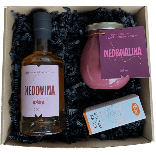 Dárkový balíček - medovina, med s malinami, balzám na rty