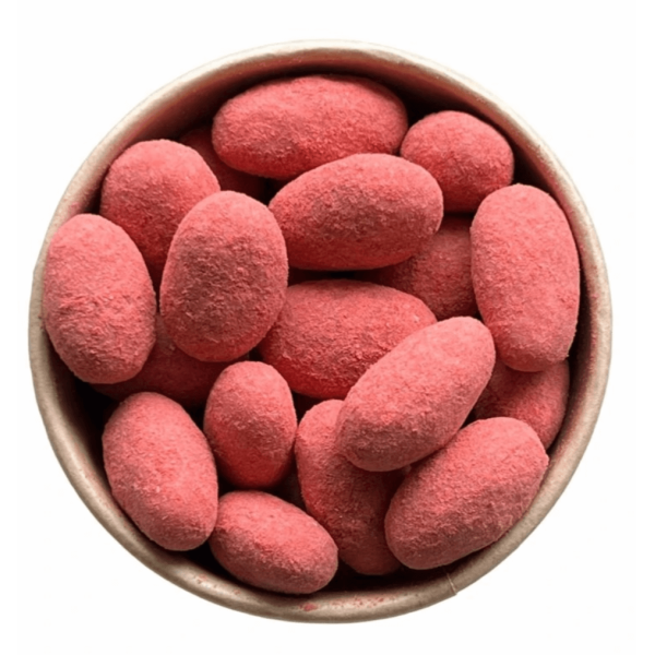 Mandle v polevě z jahod a bílé čokolády 50g