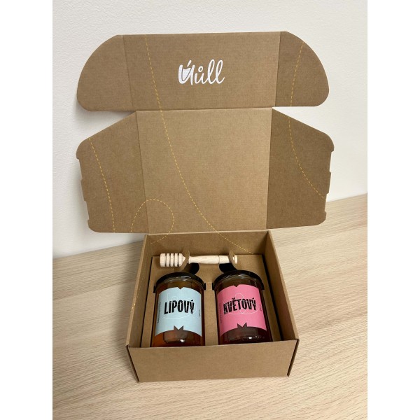 Dárkový balíček - Lipový a květový med s dřevěnou naběračkou