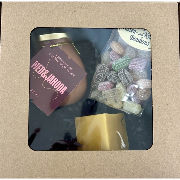 Dárkový balíček - Med s jahodou, prémiová svíčka z pravého včelího vosku a bonbony