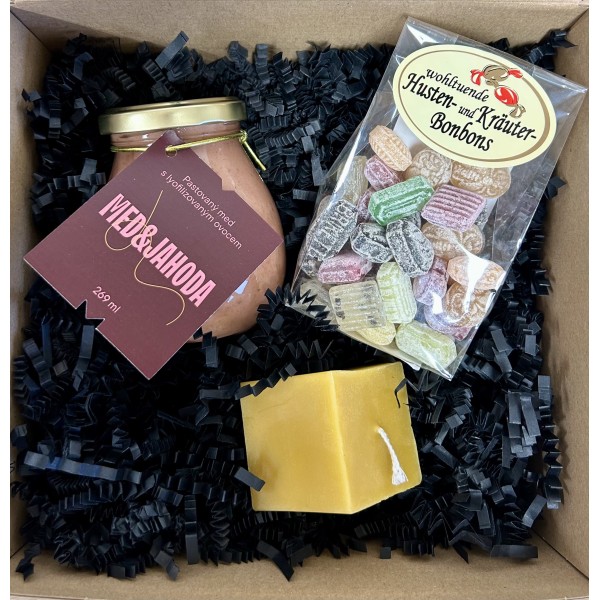 Dárkový balíček - Med & jahoda, Svíčka ze včelího vosku a Medovo-bylinné bonbony proti kašli