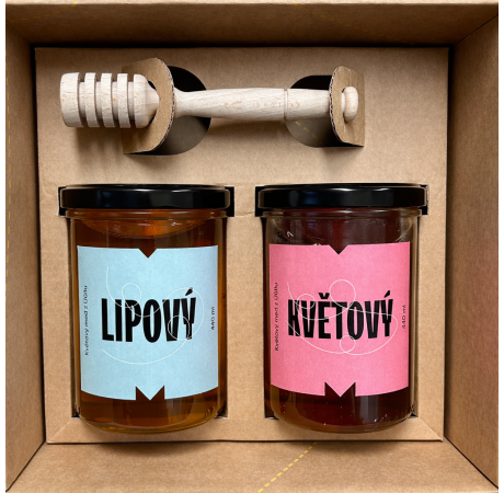 Dárkový balíček - Lipový a květový med s dřevěnou naběračkou