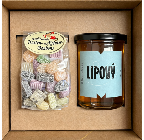 Dárkový balíček - Lipový med a bylinné bonbony proti kašli