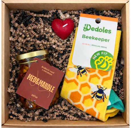 💙 Dárkový balíček - Med & mandle, ponožky včelař, svíčka srdce