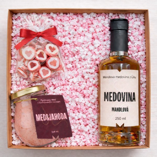 💕 Valentýnský balíček - Mandlová medovina, med s jahodou a bonbony