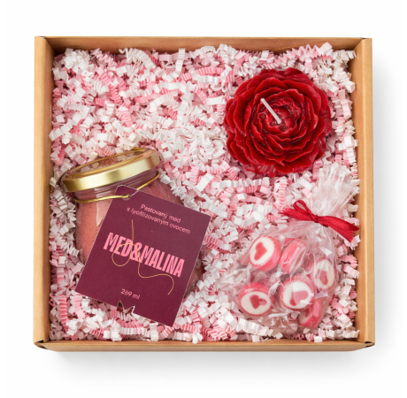 💕 Valentýnský balíček - Med s malinou, bonbony a červená vonná svíčka ve tvaru pivoňky