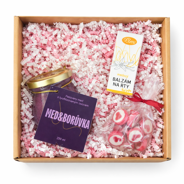 💕 Valentýnský balíček - Med & borůvka, medový balzám na rty, bonbony
