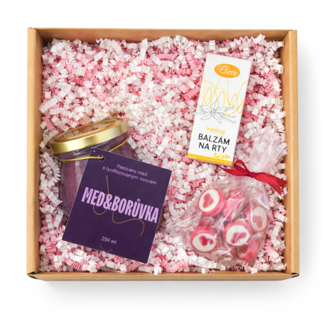 💕 Dárkový balíček pro ni – med s borůvkou, balzám na rty a medové bonbony