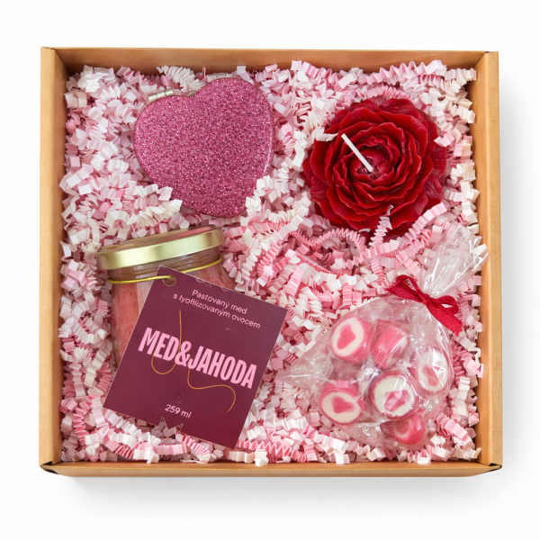 💕 Valentýnský balíček - Med & jahoda, bonbony, zrcadlo a červená vonná svíčka ve tvaru pivoňky