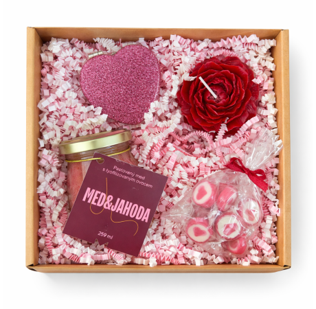 💕 Valentýnský balíček - Med & jahoda, bonbony, zrcadlo a červená vonná svíčka ve tvaru pivoňky