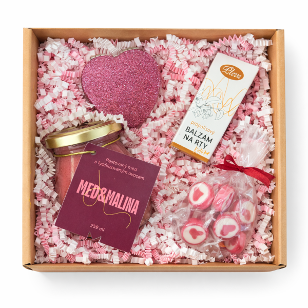 💕 Valentýnský balíček – Med s malinou s propolisovou péčí a sladkým potěšením