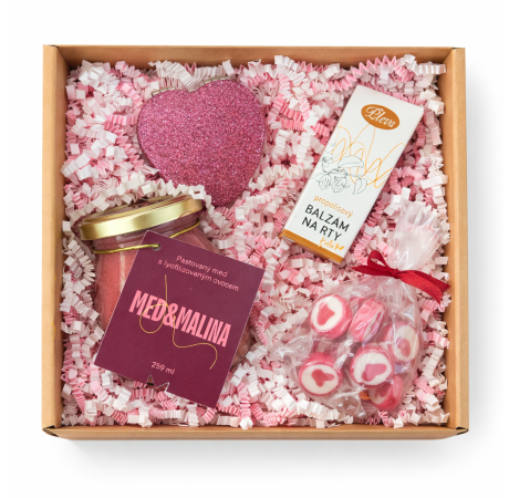 💕 Valentýnský balíček - Med & malina, propolisový balzám na rty, zrcadlo, bonbony