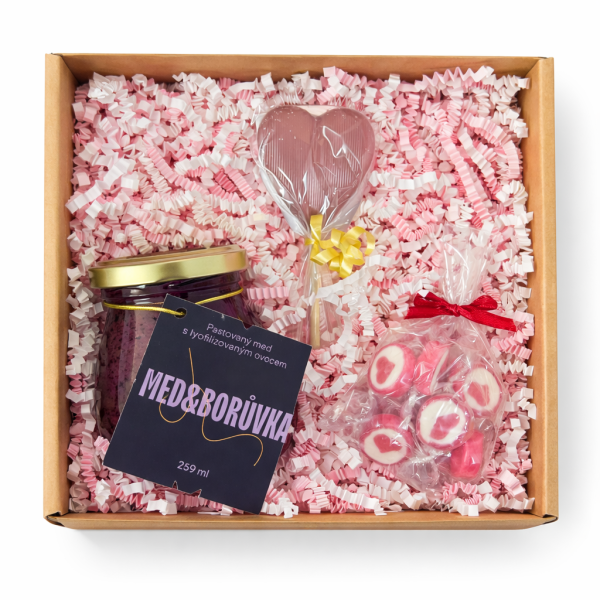 💕 Valentýnský balíček - Med & borůvka, čokoládové lízátko ruby, bonbony