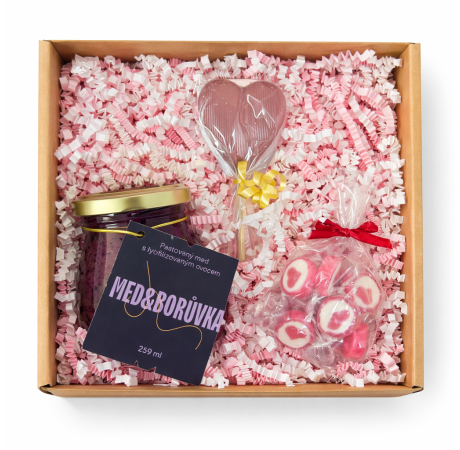 💕 Valentýnský balíček - Med & borůvka, čokoládové lízátko ruby, bonbony